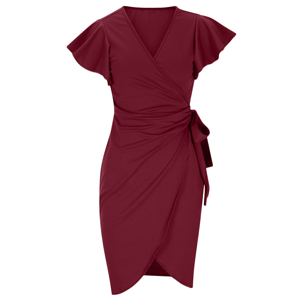 V-neck Tight Waist Pleating Bell Sleeve Sheath Dress Women