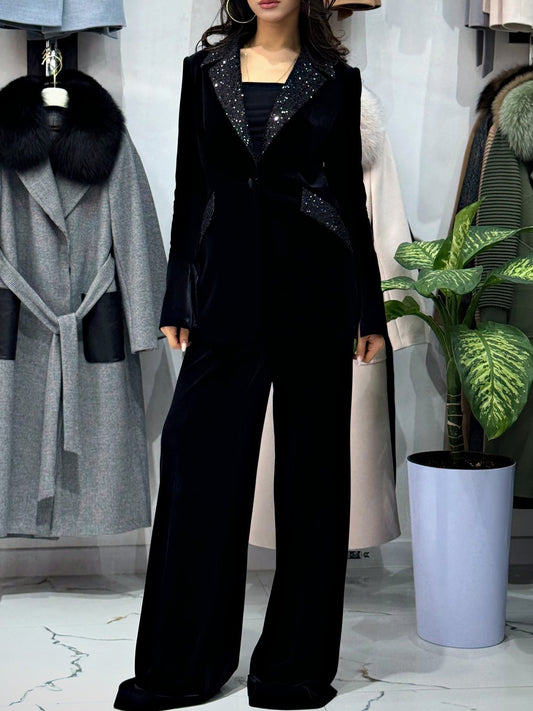 Velvet Patchwork Sequined Blazer & High-waisted Pants Suit