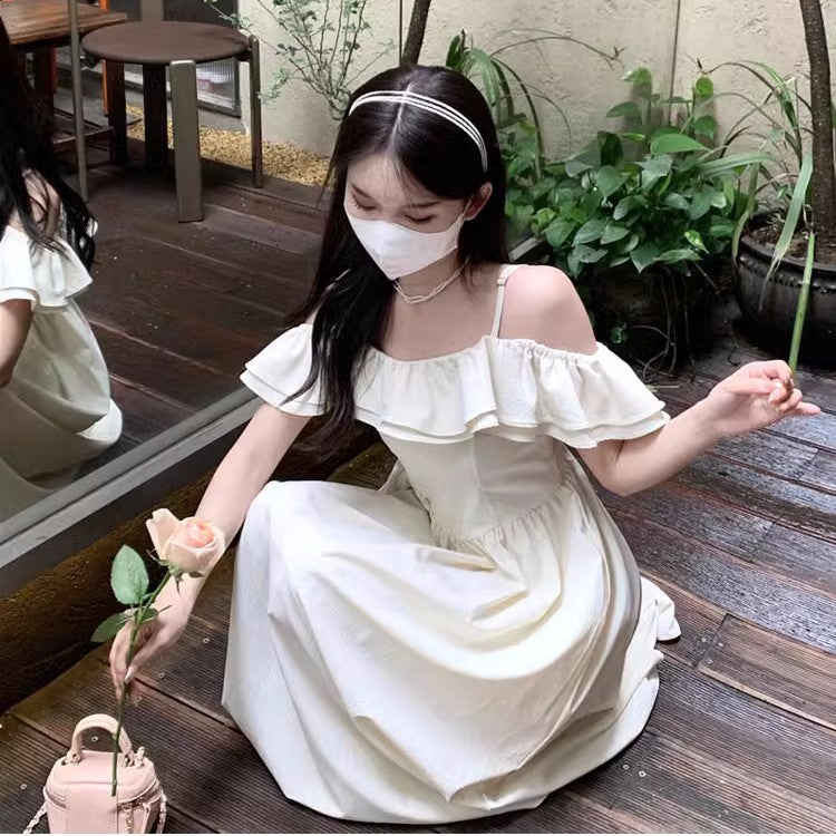 White Strap Off Shoulder Ruffled Dress