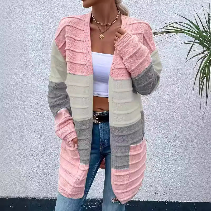 Amazon AliExpress Sweater Women's 2024 Fashion Jacket With Big Pockets Autumn And Winter Long Striped Color Matching Cardigan