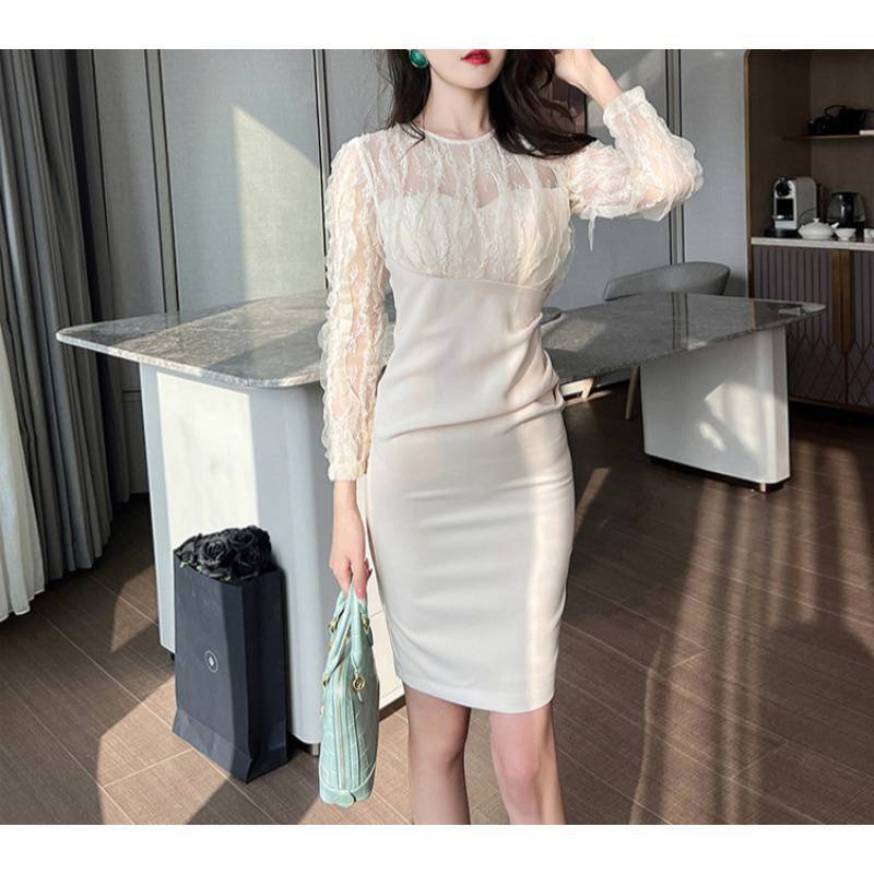 Slim-fit Sheath Long-sleeved White Dress