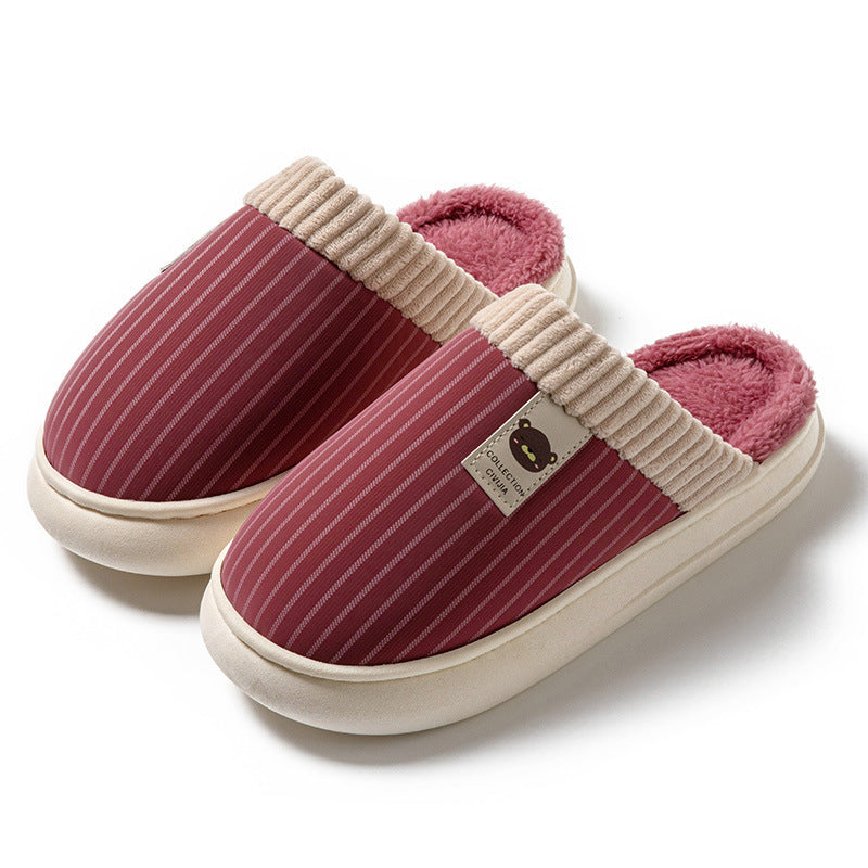 Solid Striped Plush Slippers Winter Warm Bear Fleece Shoes House Indoor Bedroom Floor Thick-soled Home Slipper For Women Men Couple