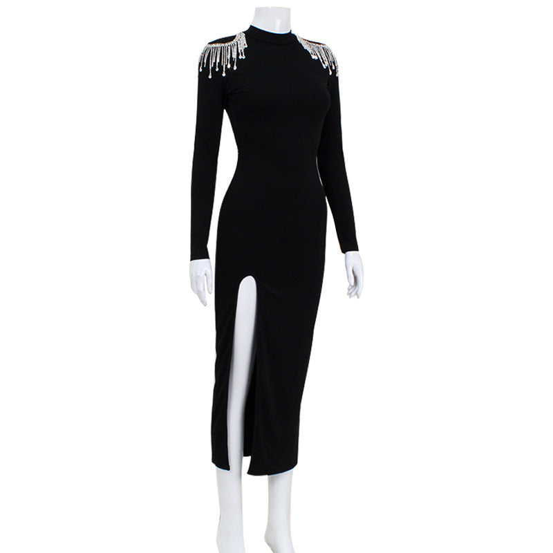 Women's Half-high Collar Long Sleeves Solid Color High Waist Rhinestone High Slit Dress