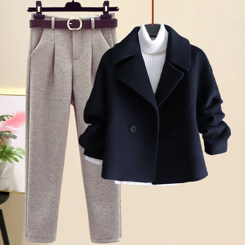 Winter Women's Woolen Coat Sweater Pants Three-piece Set