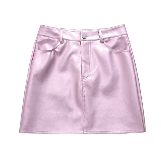 Women's Glossy High Waist Fashion Button Decoration Hip Skirt