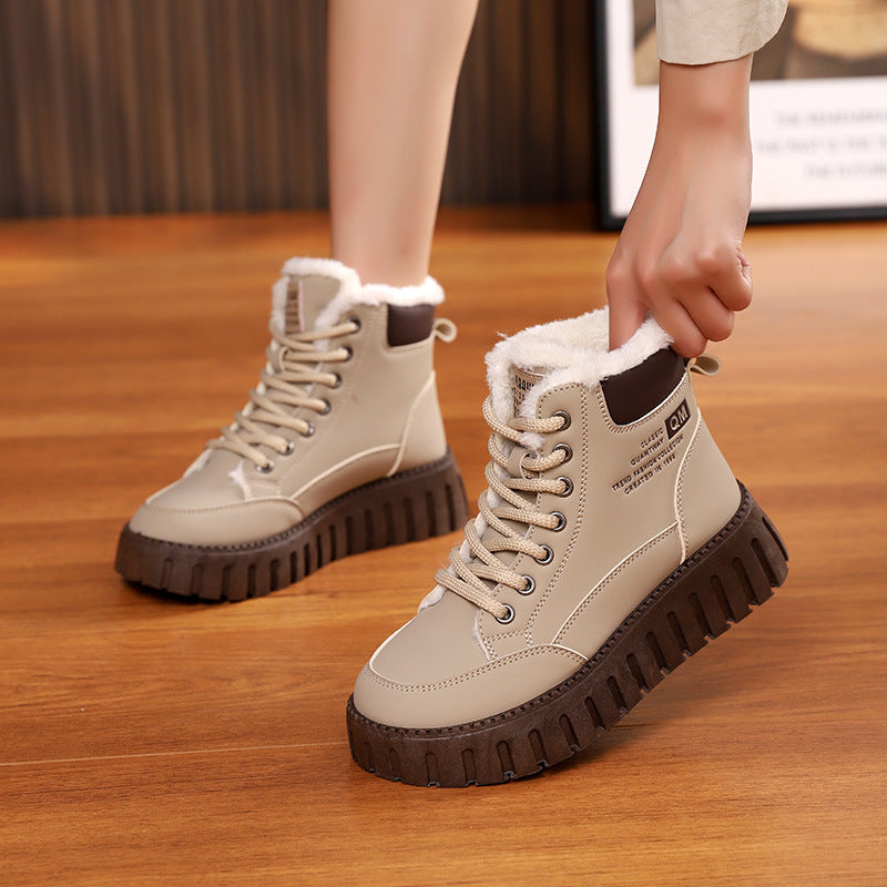 Ins Lace-up Snow Boots Winter Warm Fleece Flat Shoes For Women Fashion Casual Plush Ankle Boot