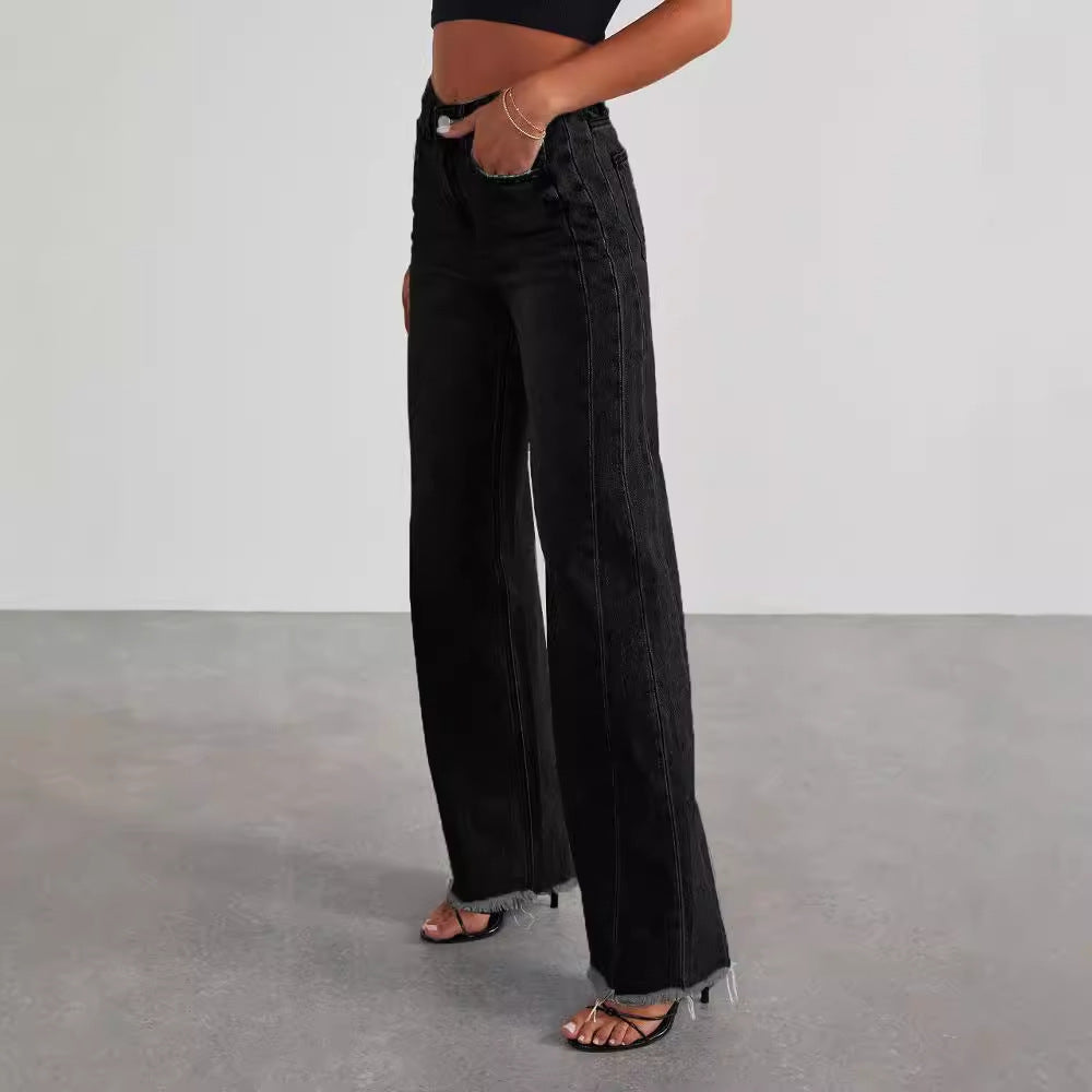 Jean à la taille haute mode avec poches confortables slim fit pantalon large à jambes larges vêtements pour femmes