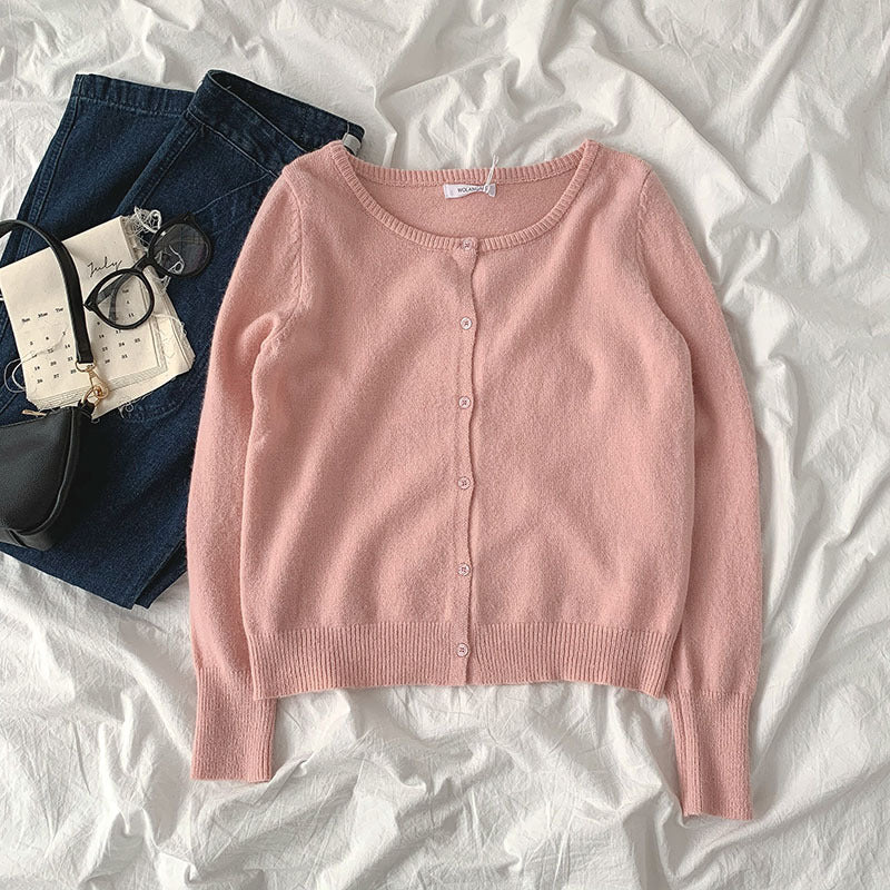 Small pure color sweater new spring women"s fashion lazy style round neck long sleeve single breasted cardigan fashion