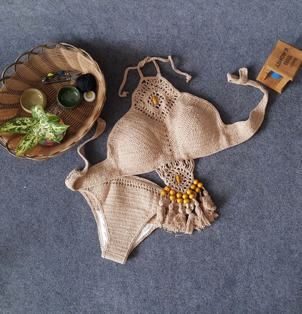 European And American New Women's Swimsuit Suit Beach Sunshine Bath Foreign Trade Handmade Crochet Tassel Split Bikini