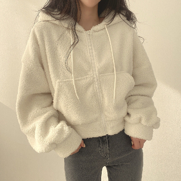 Lamb Wool White Hooded Sweater For Women