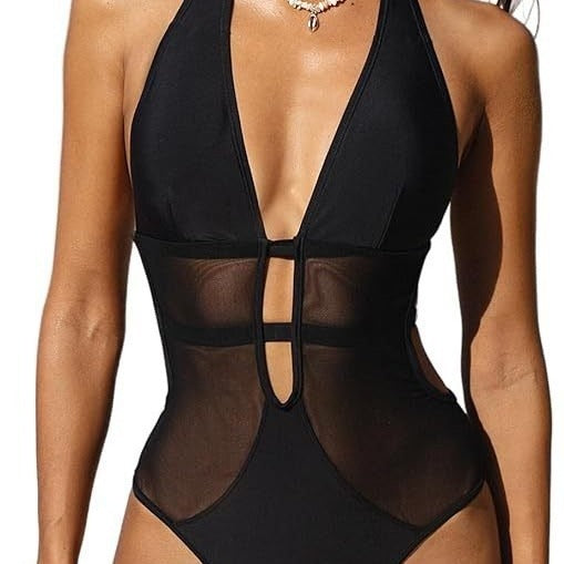 Women's V-neck Hanging Neck Mesh Fashion One-piece Swimsuit