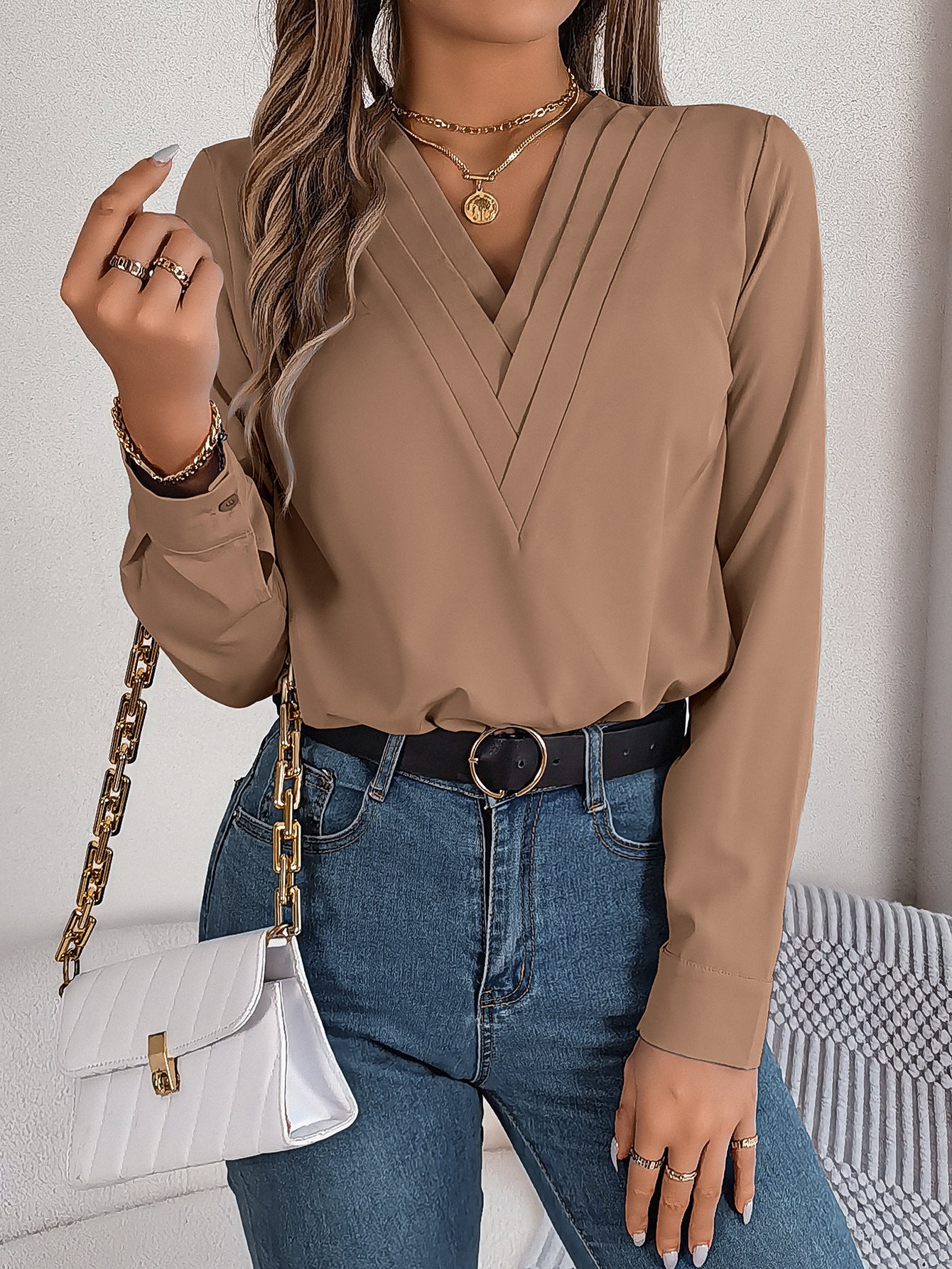 Fashion V-Neck à manches longues Shirt Elegant Commuter Blouse Solid Blouse Bureau Vêtements pour femmes