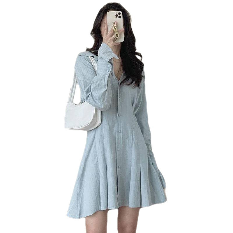 Spring Concise Lapel And Waist Tight Slimming Flared Sleeves Irregular A- Line Shirt Dress For Women