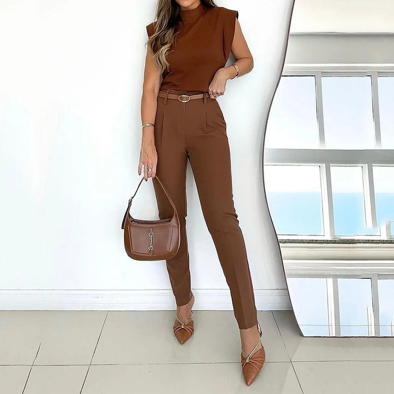 Women's Summer Fashion Round Neck Sleeveless Top Pants Two-piece Set