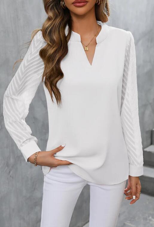 Chiffon Patchwork Long Sleeve Solid Color And V-neck Shirt