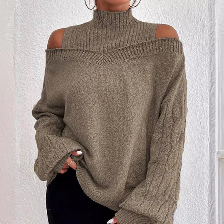 European And American Off-the-shoulder Sweater Women's Pullover Half Turtleneck Autumn And Winter New Lantern Sleeve Sweater