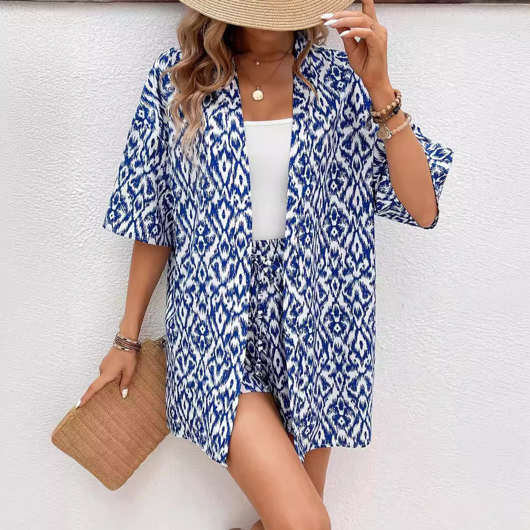 Fashion Loose Print Cardigan Suit Women