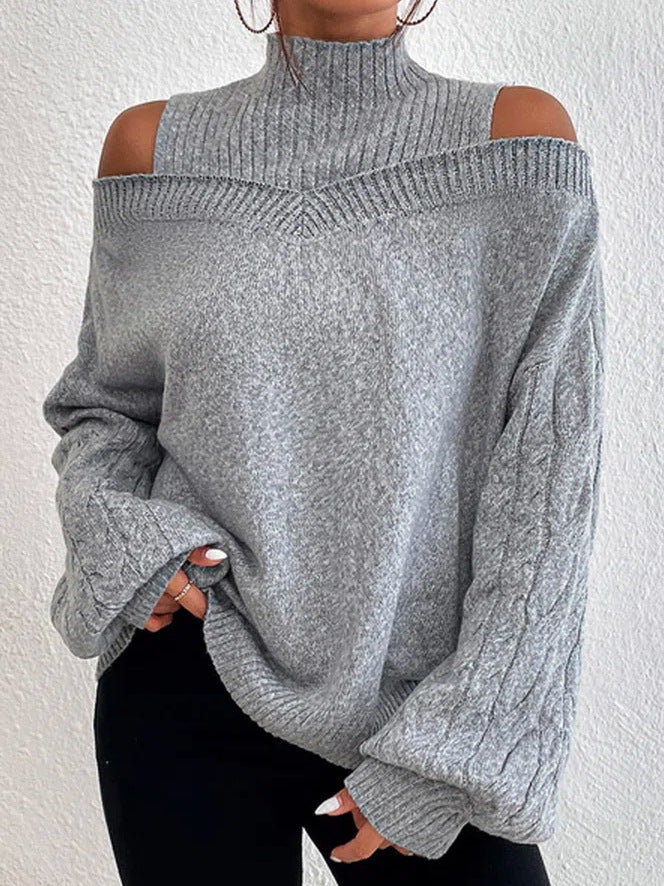 European And American Off-the-shoulder Sweater Women's Pullover Half Turtleneck Autumn And Winter New Lantern Sleeve Sweater