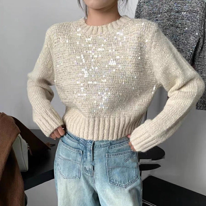 Korean Style O-neck Short Pullover Sequined Sweater