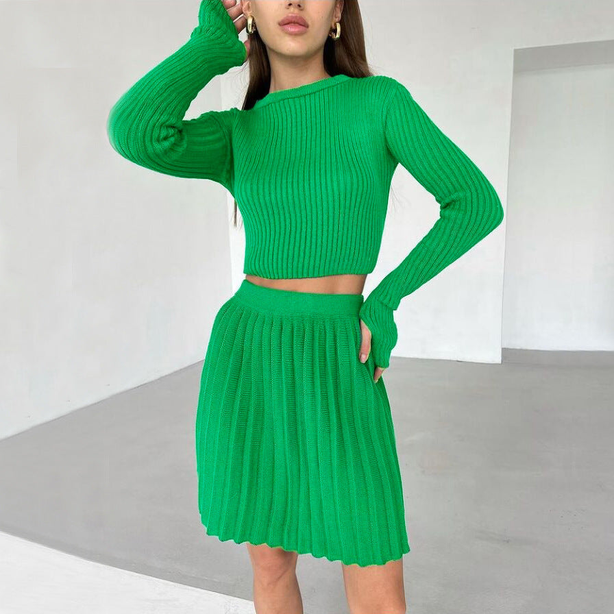 Two-piece Long-sleeved Tight-fitting Pleated Knit Short Skirt Sweater