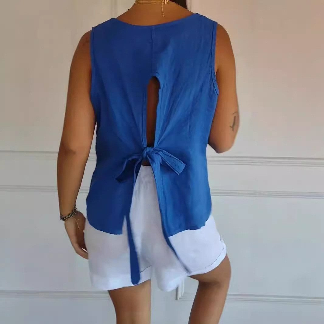 Women's Summer Casual Solid Color Cotton And Linen V-neck Sleeveless Vest