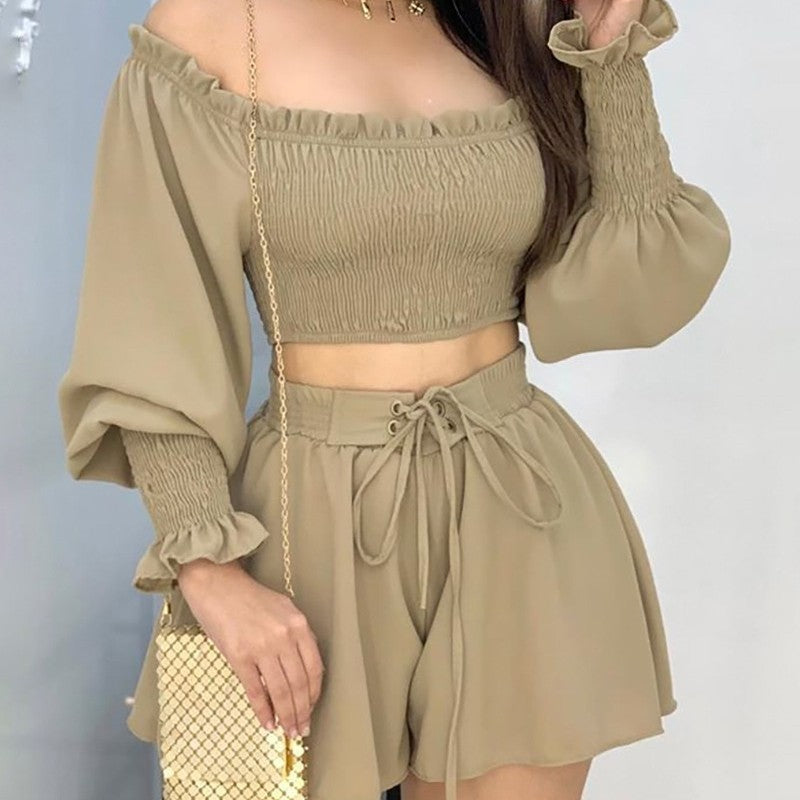 Coffee Pleating Strap Suit For Women