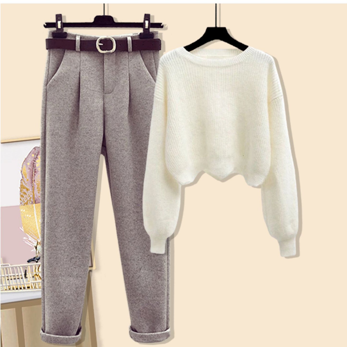 Winter Women's Woolen Coat Sweater Pants Three-piece Set