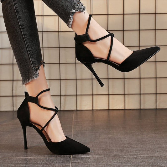 Pointed High Heel Shoes Elegant Cross Lace-up Shoes Suede