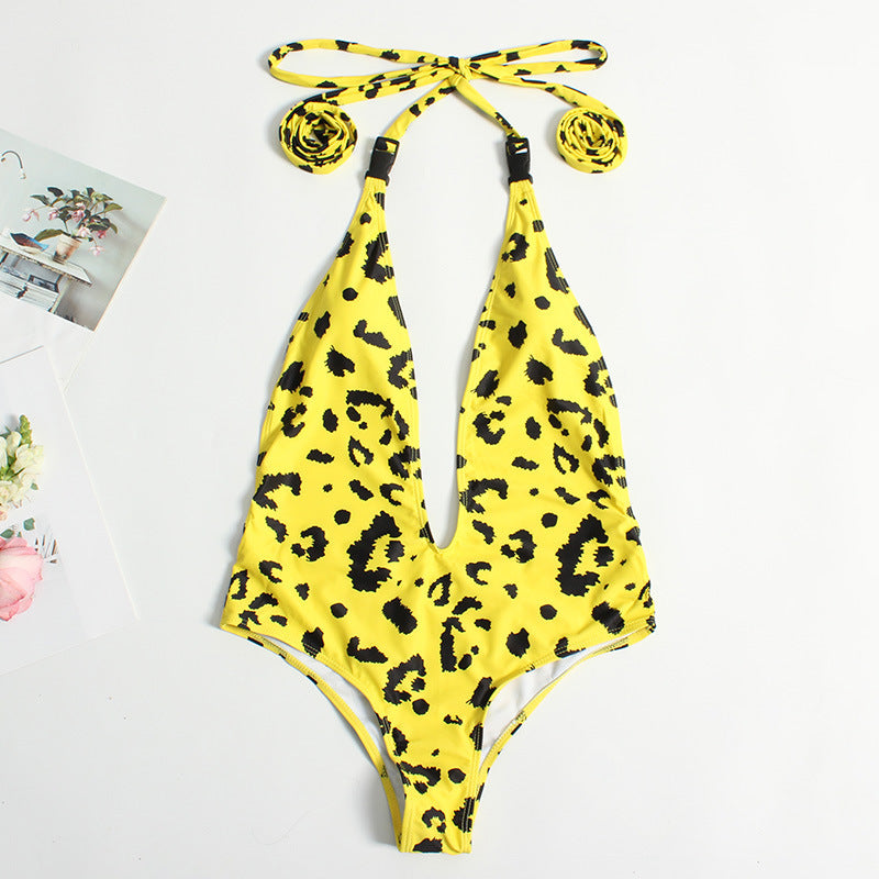 European And American New One-piece Leopard Buckle Bandage Swimsuit Women