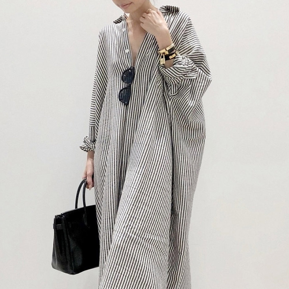 Lengthened Shirt Dress Spring And Autumn Stripes Cardigan