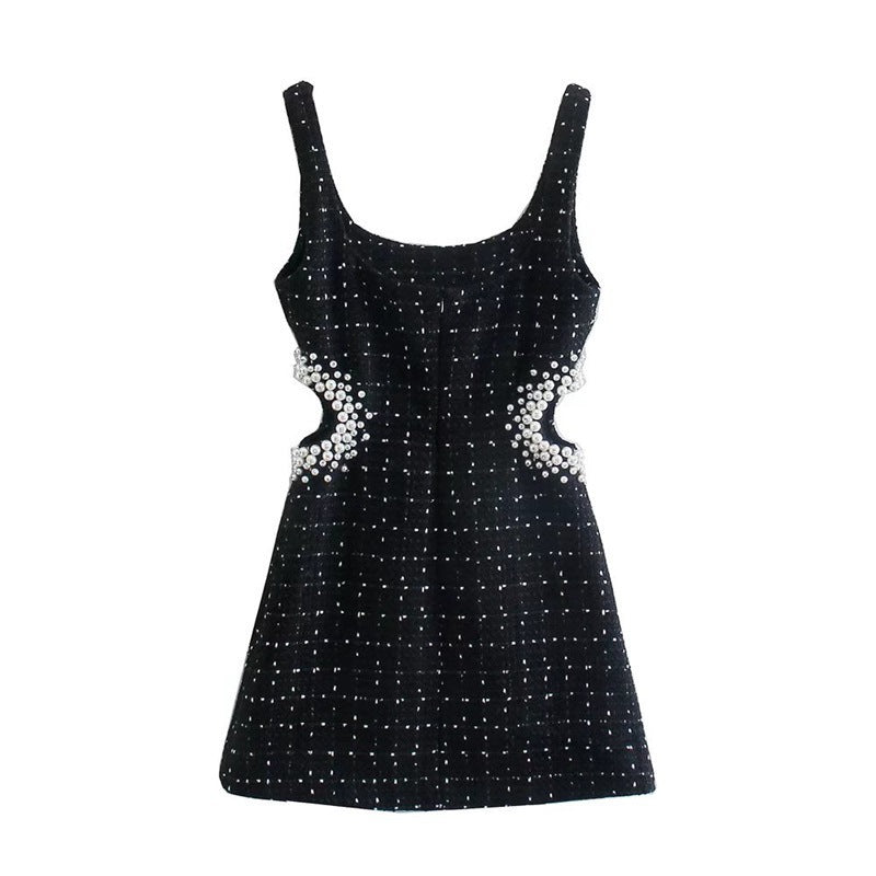 Women's Imitation Pearl Decorative Woolen Midriff Outfit Sling Dress