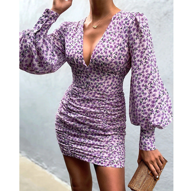 Printed V-neck Long Sleeve Hip Dress