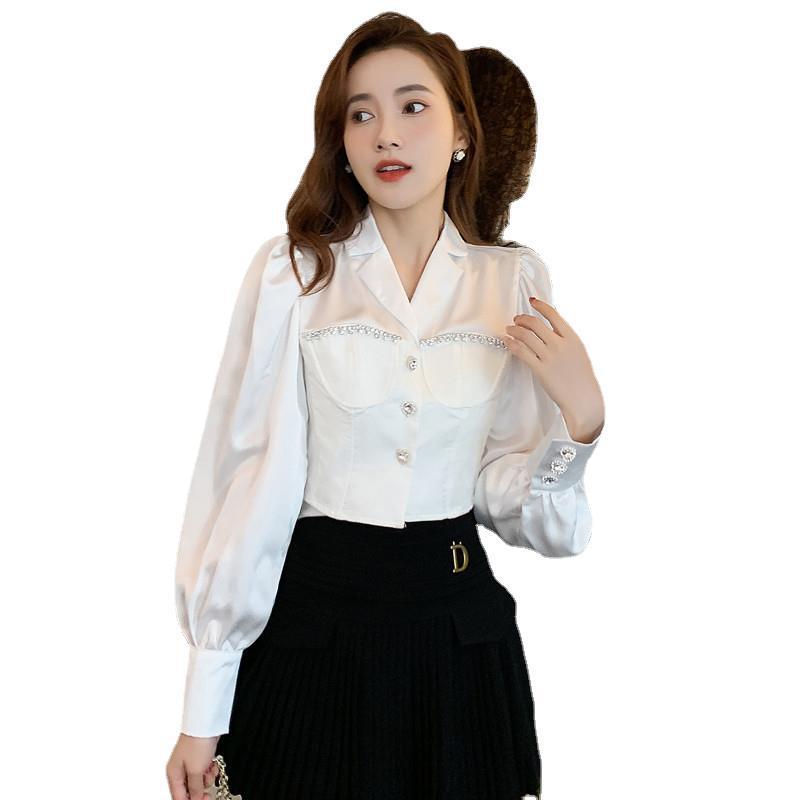 French Temperament Bubble Sleeve White Satin Shirt Woman