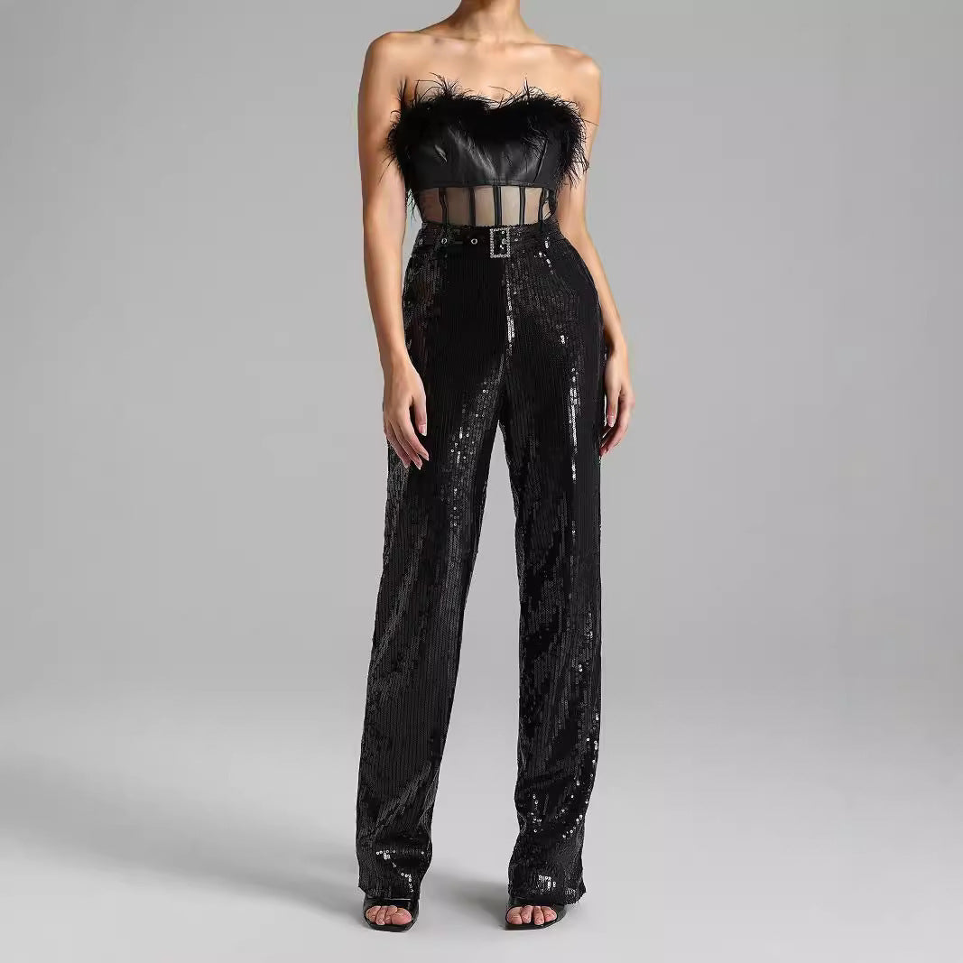 Mesh Slim Fit Patchwork Belt New Black Paillette Jumpsuit