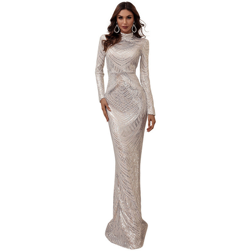 Geometric Sequined Long-sleeved Dress Fishtail