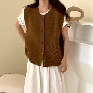 Horn Button Knitted Coat Sleeveless Vest For Women