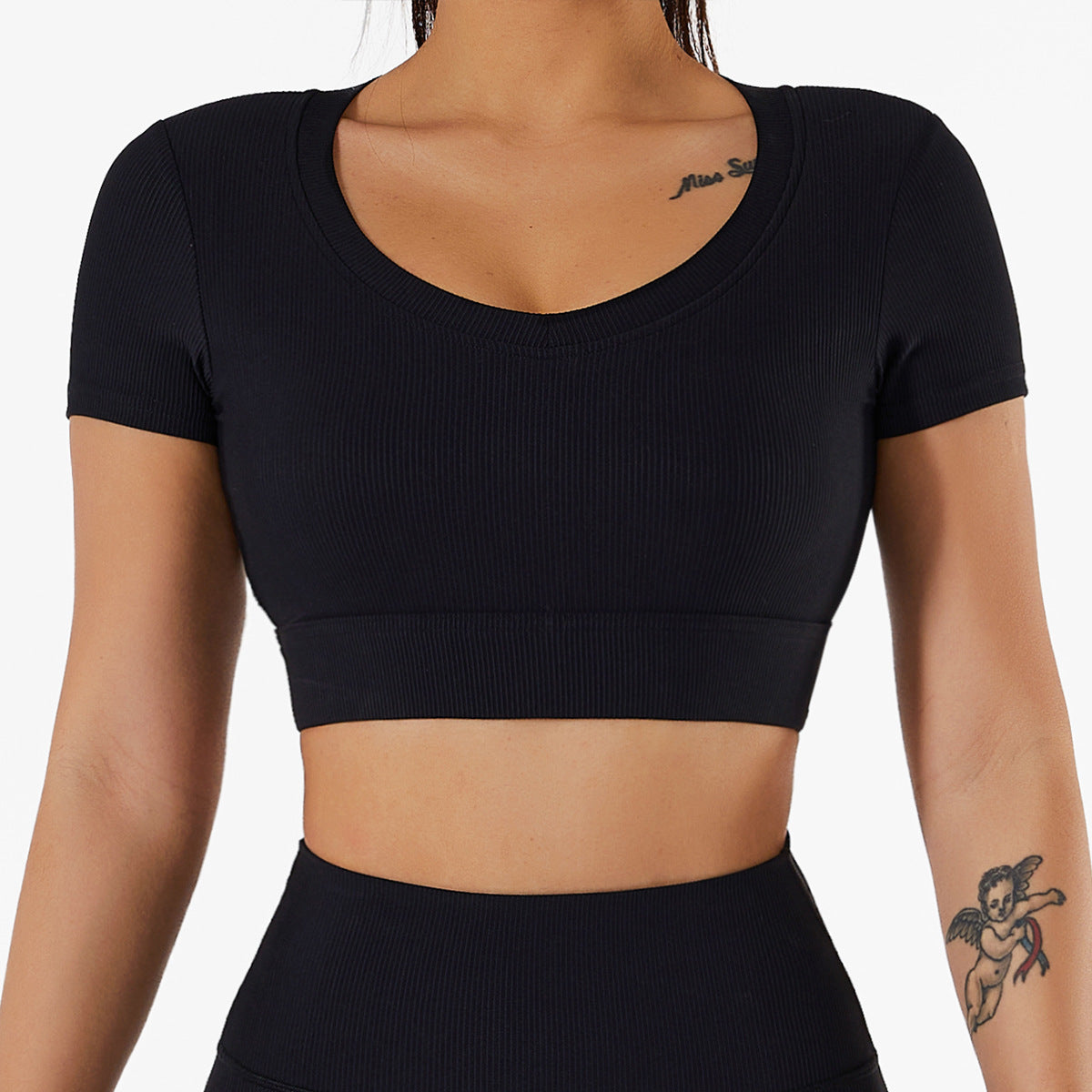 Yoga-Kleidung kurzärmeligte Nabelschnüffler Sport Top Damen Kurztrocknen Nackt Fitness Kurzärärmelte T-Shirt