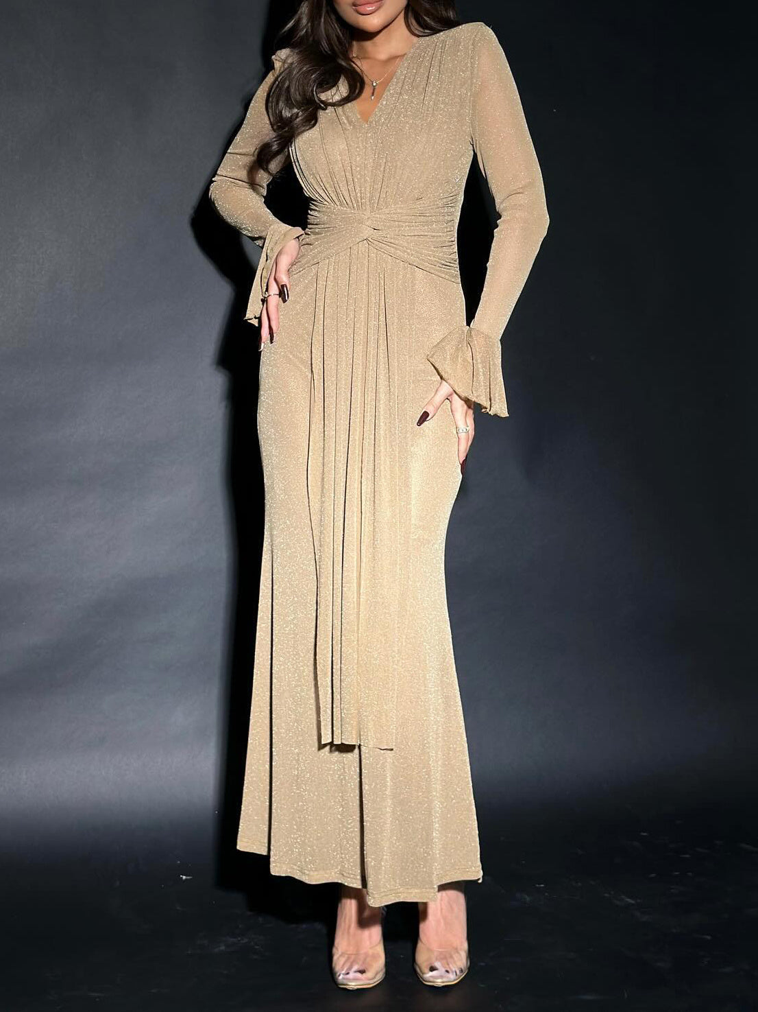 Sexy V-neck Long-sleeved Pleated Dress