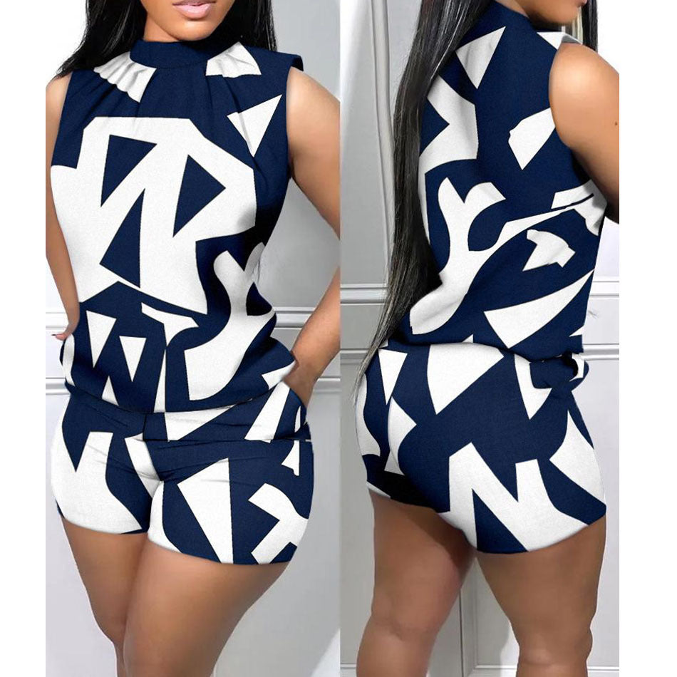 European And American Women's Clothing New Fashion Casual Sleeveless Printed Shorts Suit