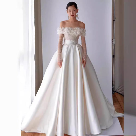 Super Fairy Mori Style Simple Graceful Off-shoulder Small Man's Main Wedding Dress