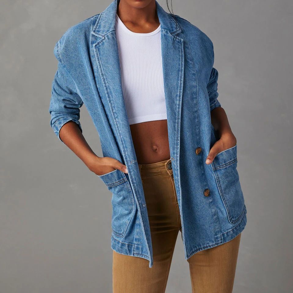 Veste de costume de femme en denim bleu lavé