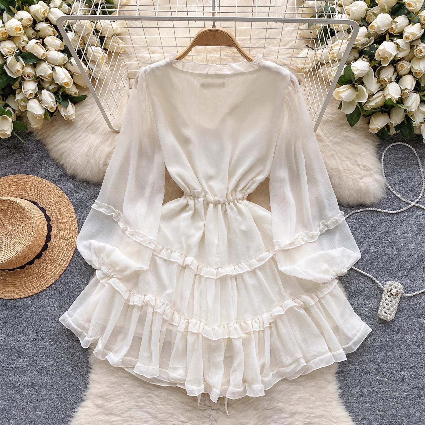 V-neck Lace-up Waist-tight Slimming Youthful-looking Puff Sleeve Dress