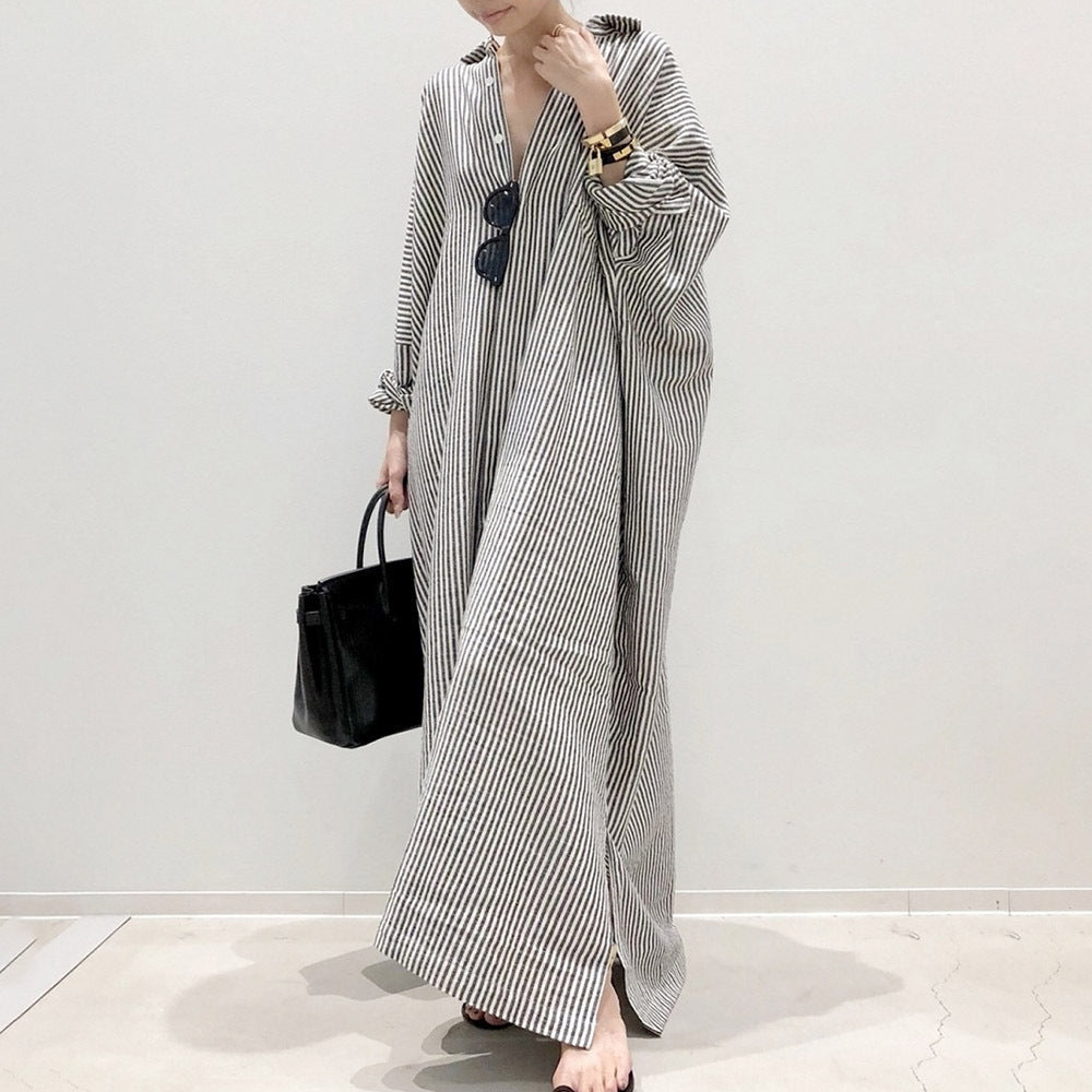 Lengthened Shirt Dress Spring And Autumn Stripes Cardigan