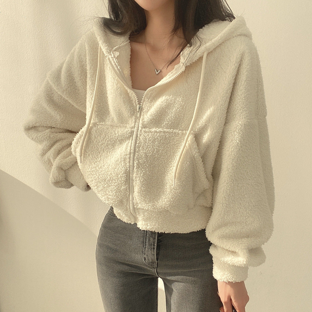 Lamb Wool White Hooded Sweater For Women