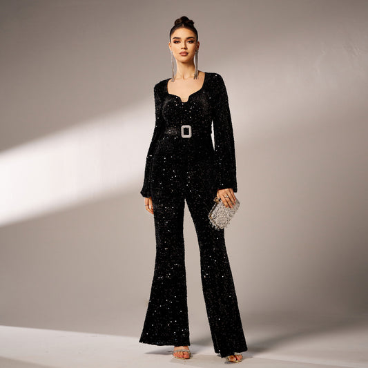 Long Sleeve Square-neck Slim-fit Sheath Banquet Sequined Jumpsuit