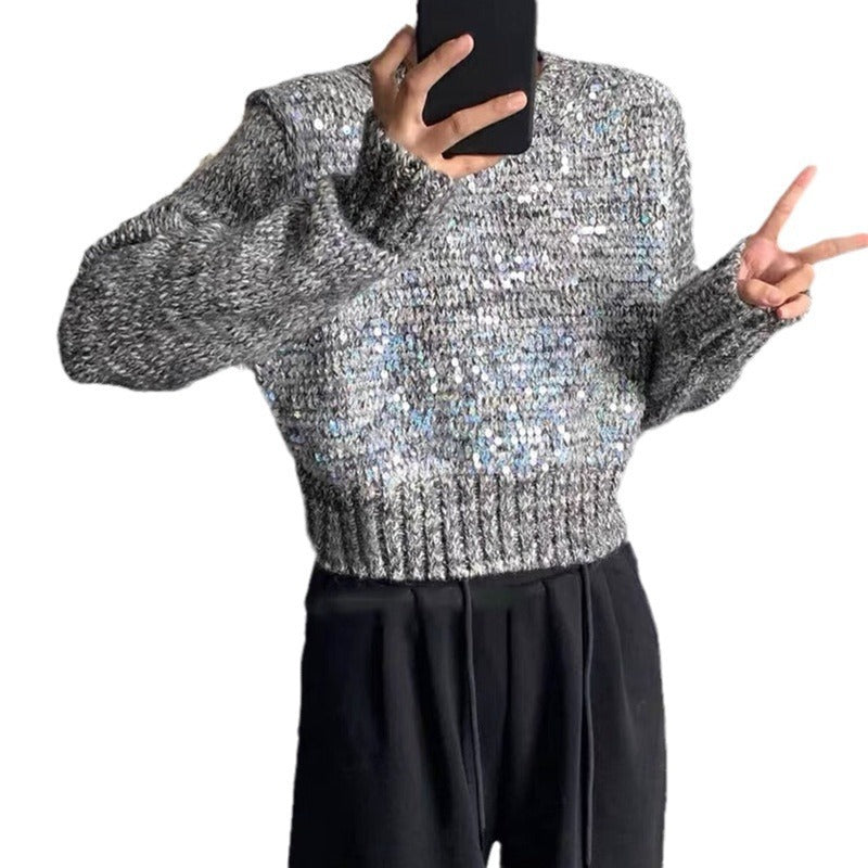 Korean Style O-neck Short Pullover Sequined Sweater