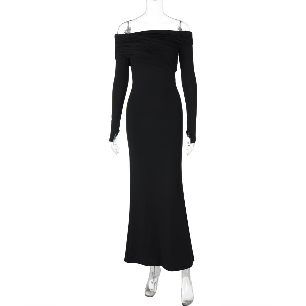 Shoulder-baring Off-neck Long Sleeve Solid Color Slim Dress