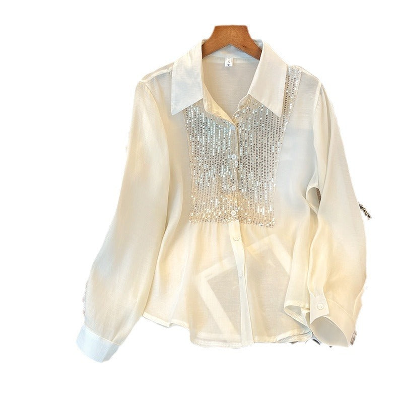 Shirt Sequined Long Sleeve White Women