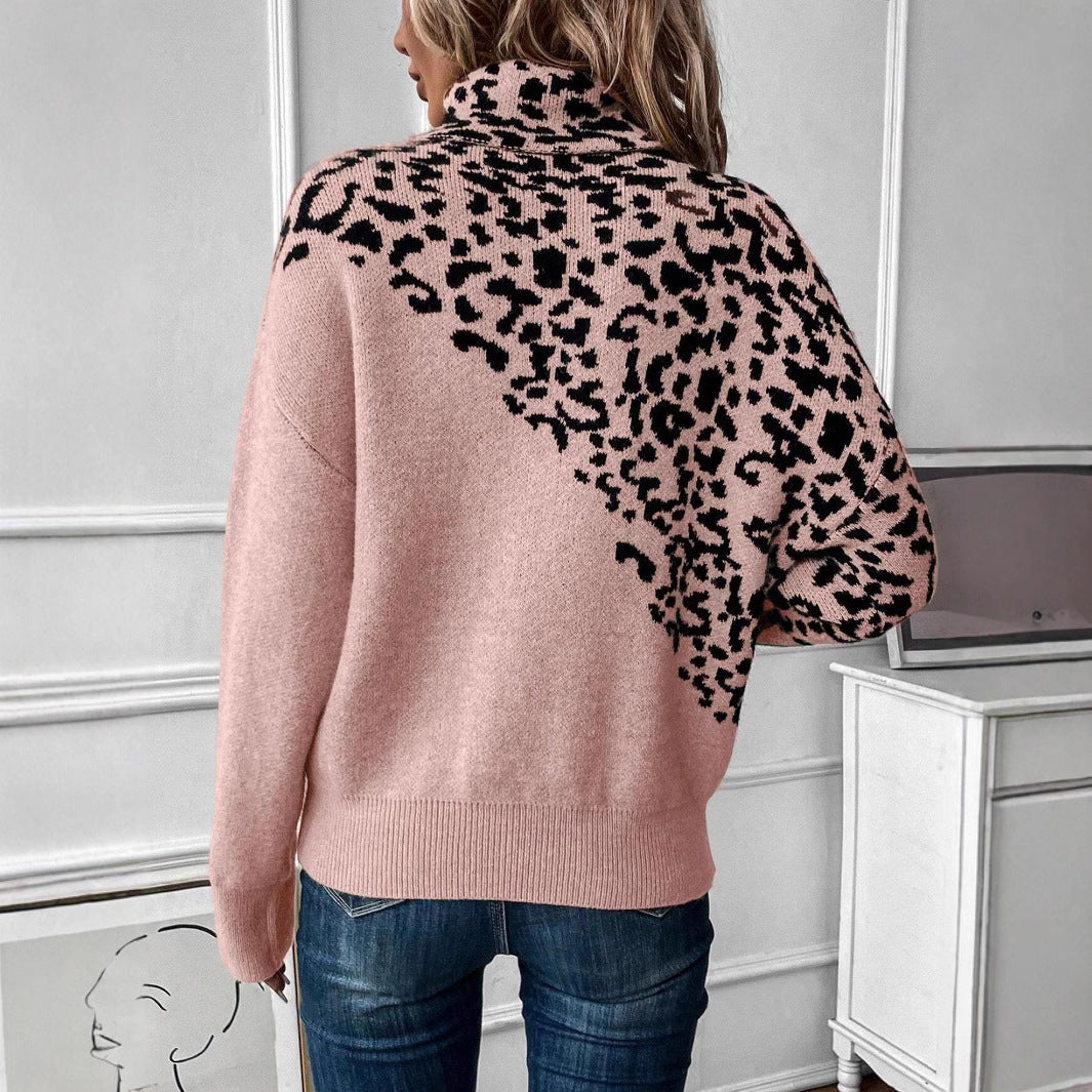 Turtleneck Leopard Print Long Sleeve Loose Fashion Casual Sweater