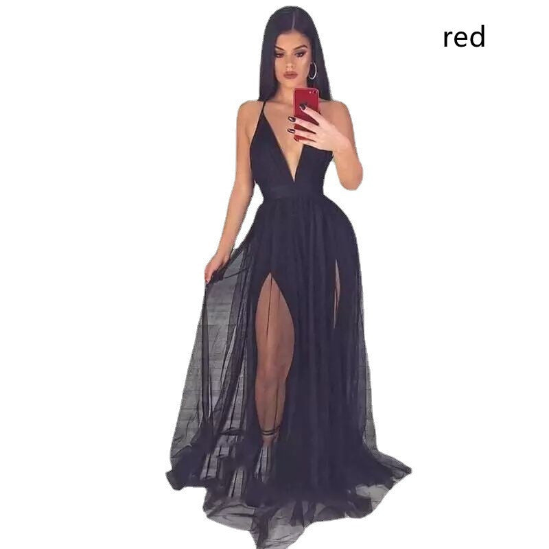 European And American Sexy Suspender V-neck Mesh Banquet Evening Dress